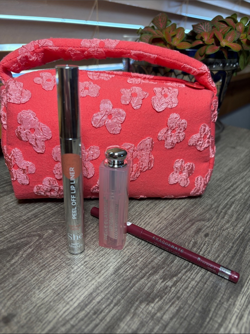 🔥5 for $25🔥Peach Floral Cosmetic Bag with Pink Lipstick & Lip Liners